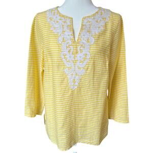 Talbots 100% Linen Yellow Striped Beaded Tunic Women's Size S Embroidery Preppy